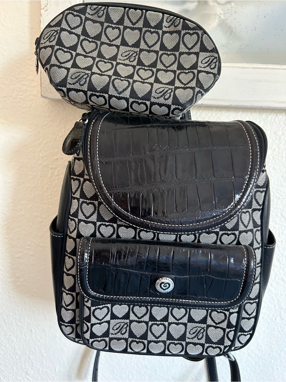 Brighton Vintage Julia Signature Heart Small Backpack & Matching Pouch Set EEUC